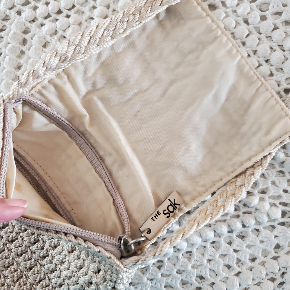 The Sak Crossbody Bag Womens Small Beige Crochet Knit Mini Zip Top‎ Purse Travel - Picture 5 of 10